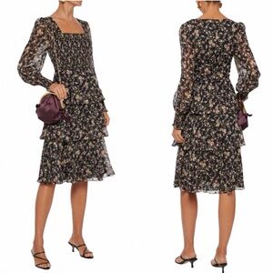 Mikael Aghal Fil Coupe' Georgette Dress Size 4 Black Floral Tiered Parisian